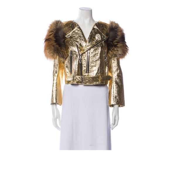 Marc Jacobs Fox Fur Leather Jacket Gold Sequin Lips disco retro M 6 - Picture 3 of 11